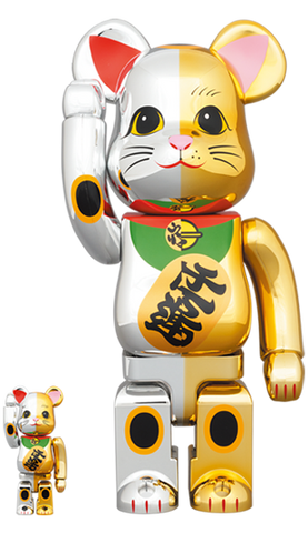 MEDICOM TOY BEARBRICK Maneki-neko Lucky Cat Gold & Silver Ver. 100% & 400% BE@RBRICK
