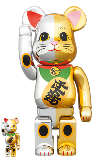 MEDICOM TOY BEARBRICK Maneki-neko Lucky Cat Gold & Silver